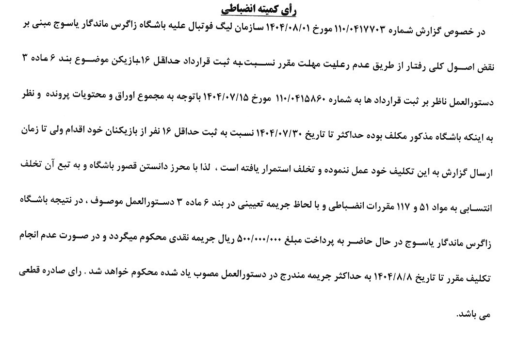 صدور آرای کمیته انضباطی