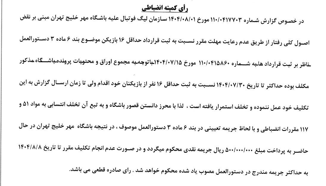 صدور آرای کمیته انضباطی